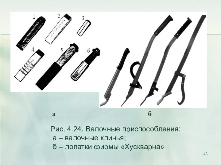 Рис. 4.24. Валочные приспособления: а – валочные клинья; б – лопатки фирмы «Хускварна» а б