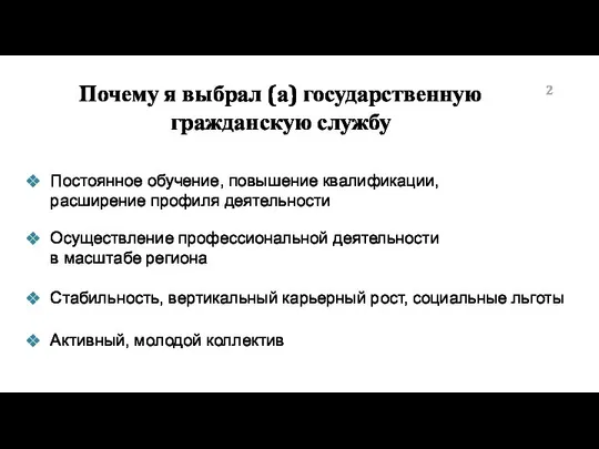 Почему я выбрал (а) государственную гражданскую службу 2 Стабильность, вертикальный карьерный