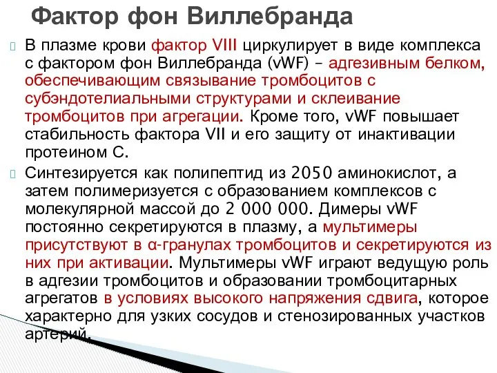 В плазме крови фактор VIII циркулирует в виде комплекса с фактором