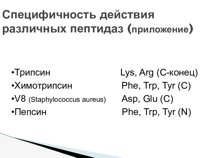 Специфичность действия различных пептидаз (приложение) Трипсин Lys, Arg (C-конец) Химотрипсин Phe,