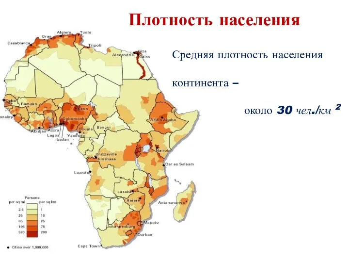 Плотность населения Средняя плотность населения континента – около 30 чел./км 2