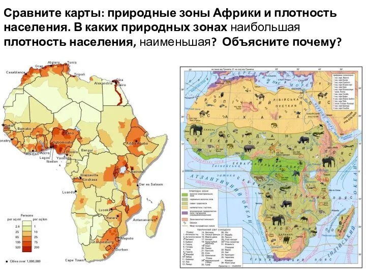 Сравните карты: природные зоны Африки и плотность населения. В каких природных