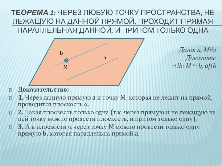 ТЕОРЕМА 1: ЧЕРЕЗ ЛЮБУЮ ТОЧКУ ПРОСТРАНСТВА, НЕ ЛЕЖАЩУЮ НА ДАННОЙ ПРЯМОЙ,