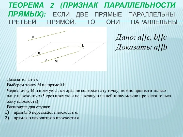 ТЕОРЕМА 2 (ПРИЗНАК ПАРАЛЛЕЛЬНОСТИ ПРЯМЫХ): ЕСЛИ ДВЕ ПРЯМЫЕ ПАРАЛЛЕЛЬНЫ ТРЕТЬЕЙ ПРЯМОЙ,