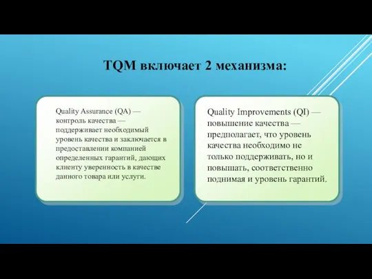 TQM включает 2 механизма: Quality Assurance (QA) — контроль качества —