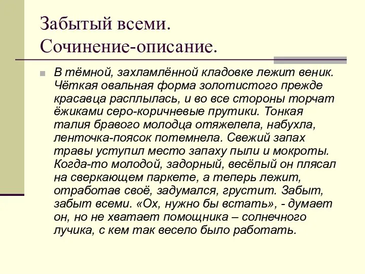 Забытый всеми. Сочинение-описание. В тёмной, захламлённой кладовке лежит веник. Чёткая овальная