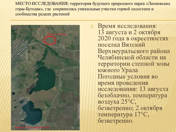 Время исследования: 13 августа и 2 октября 2020 года в окрестностях