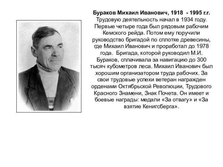 Бураков Михаил Иванович, 1918 - 1995 г.г. Трудовую деятельность начал в