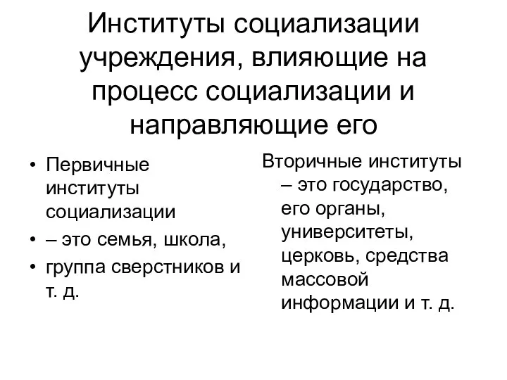 Институты социализации учреждения, влияющие на процесс социализации и направляющие его Вторичные