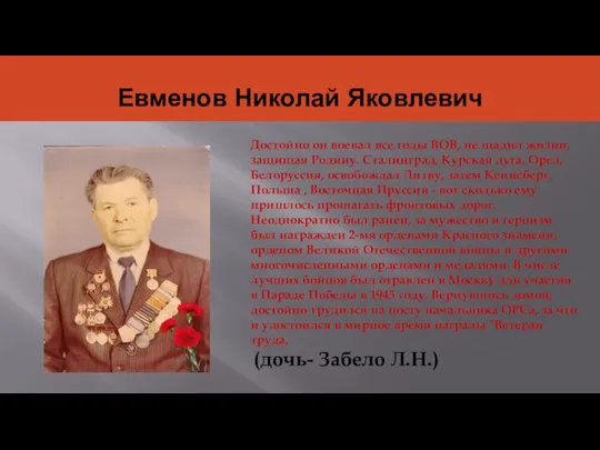 Евменов Николай Яковлевич Достойно он воевал все годы ВОВ, не щадил