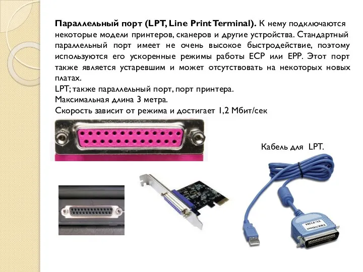 Параллельный порт (LPT, Line Print Terminal). К нему подключаются некоторые модели