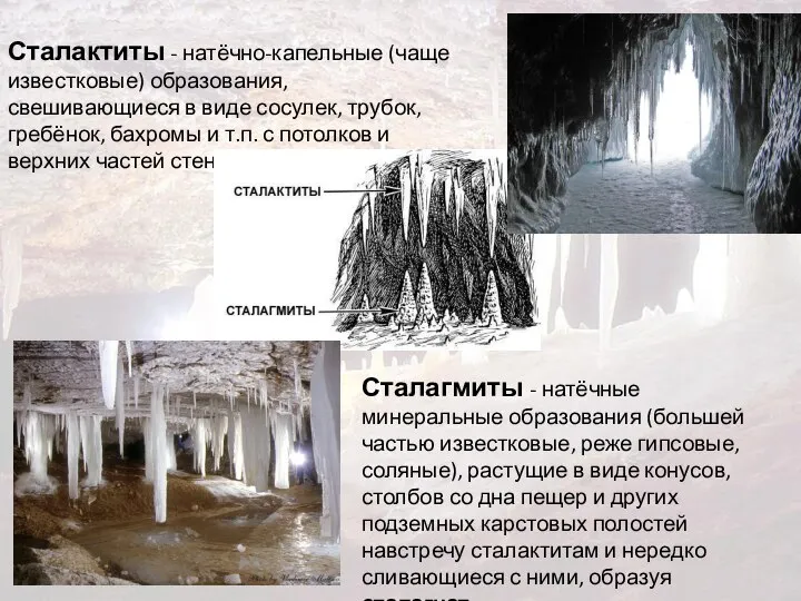 Сталактиты - натёчно-капельные (чаще известковые) образования, свешивающиеся в виде сосулек, трубок,