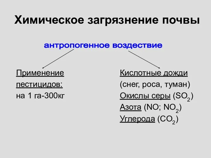 Химическое загрязнение почвы Применение пестицидов: на 1 га-300кг Кислотные дожди (снег,