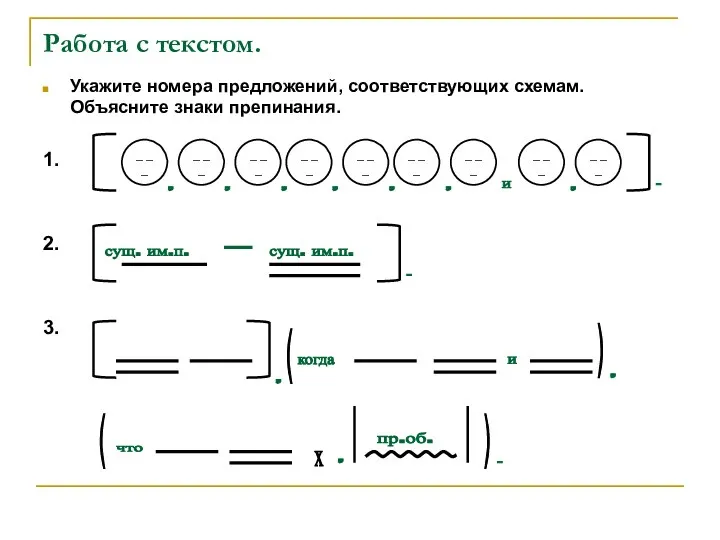 Работа с текстом. Укажите номера предложений, соответствующих схемам. Объясните знаки препинания. 1. 2. 3.