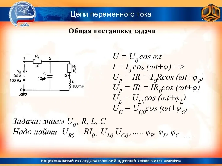 Цепи переменного тока U = U0 cos ωt I = I0