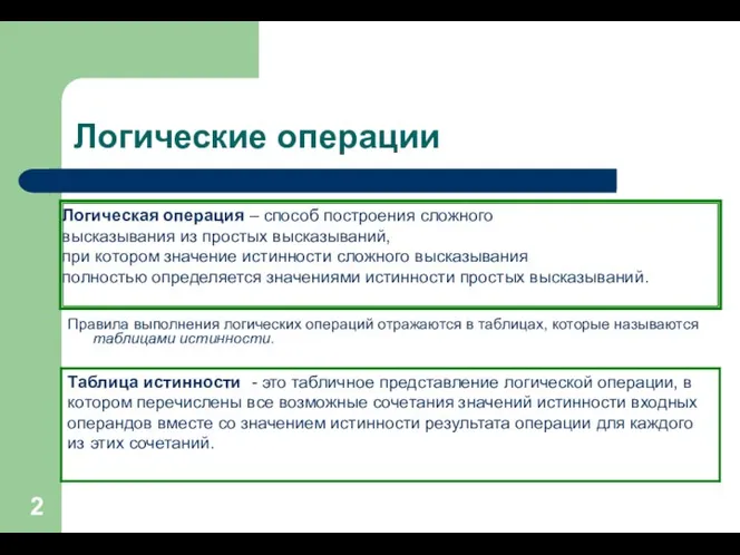 Логические операции Правила выполнения логических операций отражаются в таблицах, которые называются