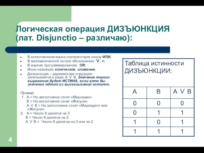 Логическая операция ДИЗЪЮНКЦИЯ (лат. Disjunctio – различаю): В естественном языке соответствует