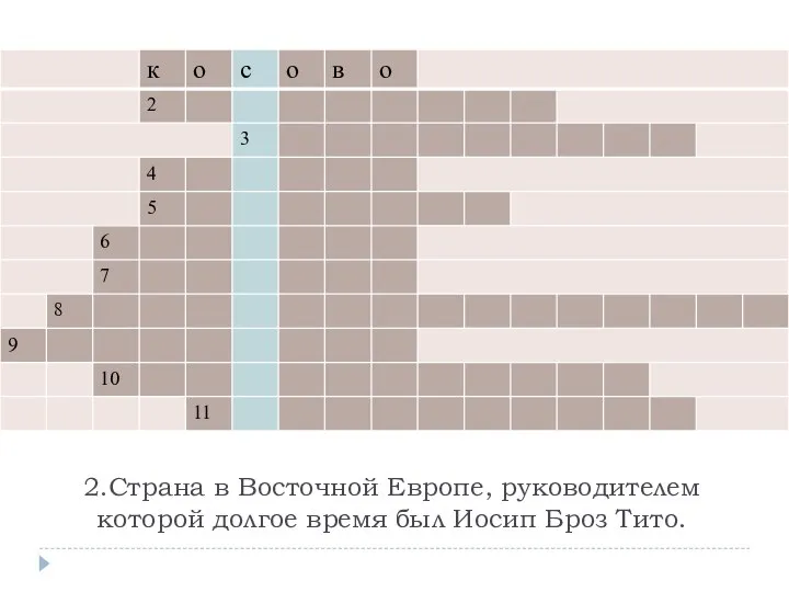 2.Страна в Восточной Европе, руководителем которой долгое время был Иосип Броз Тито.