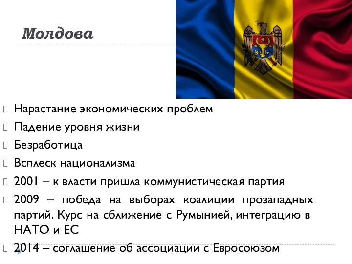 Молдова Нарастание экономических проблем Падение уровня жизни Безработица Всплеск национализма 2001