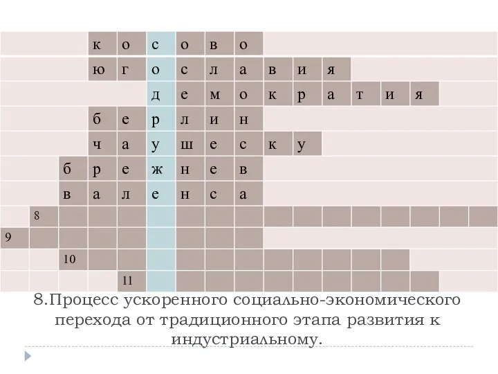 8.Процесс ускоренного социально-экономического перехода от традиционного этапа развития к индустриальному.