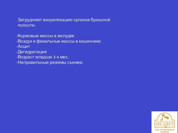 Затрудняют визуализацию органов брюшной полости: Кормовые массы в желудке Воздух и