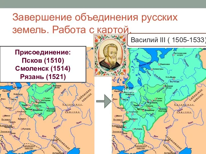 Завершение объединения русских земель. Работа с картой. Псков Василий III (