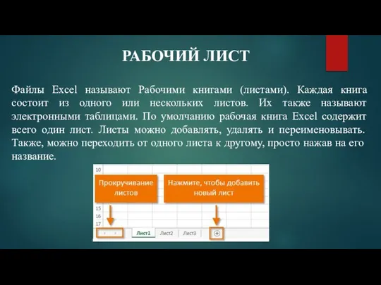 РАБОЧИЙ ЛИСТ Файлы Excel называют Рабочими книгами (листами). Каждая книга состоит