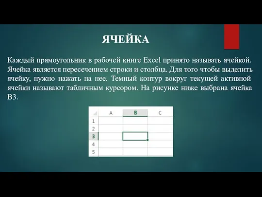 ЯЧЕЙКА Каждый прямоугольник в рабочей книге Excel принято называть ячейкой. Ячейка