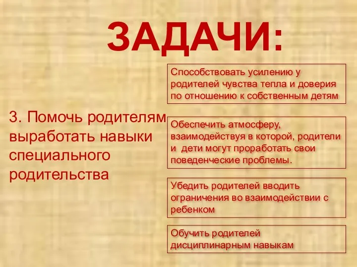 ЗАДАЧИ: 3. Помочь родителям выработать навыки специального родительства Способствовать усилению у