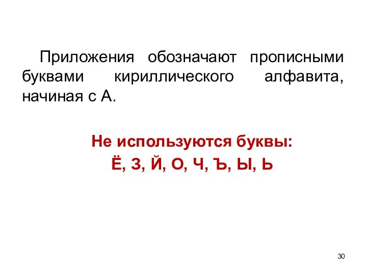 Приложения обозначают прописными буквами кириллического алфавита, начиная с А. Не используются