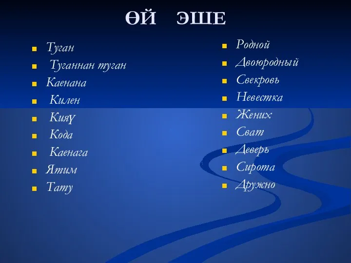 ӨЙ ЭШЕ Туган Туганнан туган Каенана Килен Кияү Кода Каенага Ятим