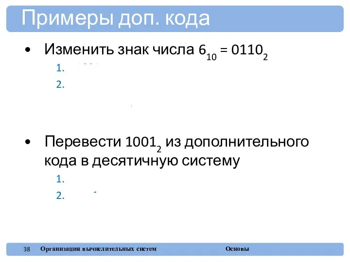 Изменить знак числа 610 = 01102 1001 + 1 10102 =