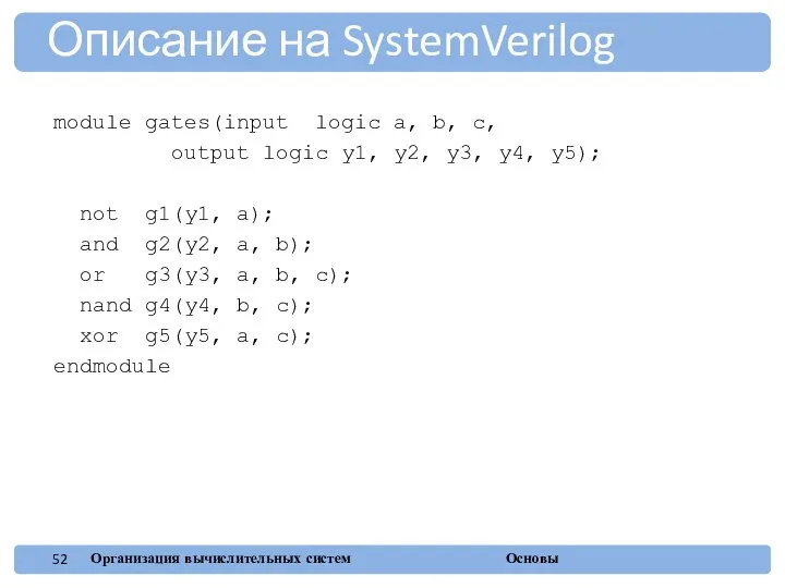 Описание на SystemVerilog module gates(input logic a, b, c, output logic