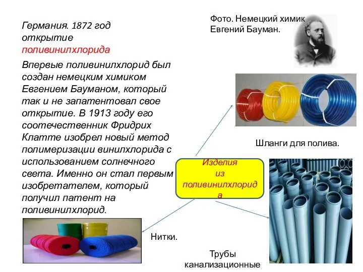 Германия. 1872 год открытие поливинилхлорида Впервые поливинилхлорид был создан немецким химиком