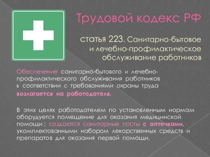 Трудовой кодекс РФ Обеспечение санитарно-бытового и лечебно-профилактического обслуживания работников в соответствии