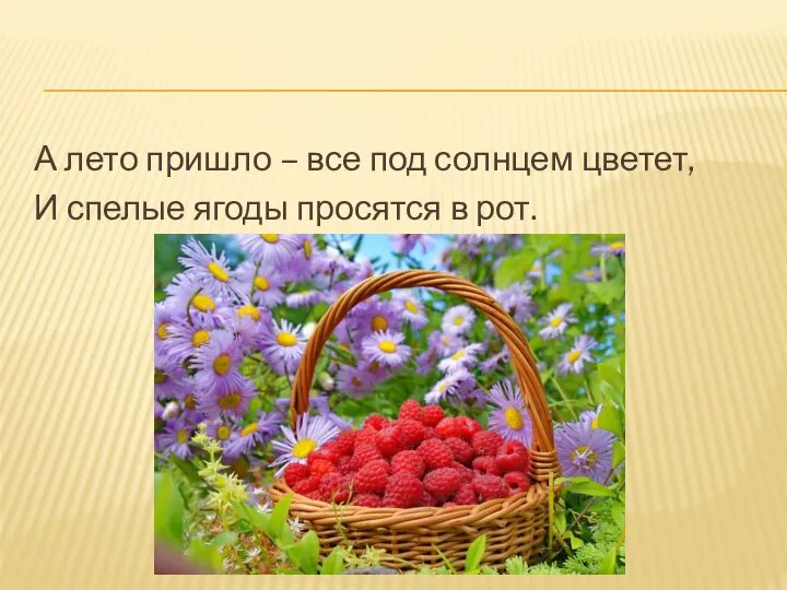 А лето пришло – все под солнцем цветет, И спелые ягоды просятся в рот.