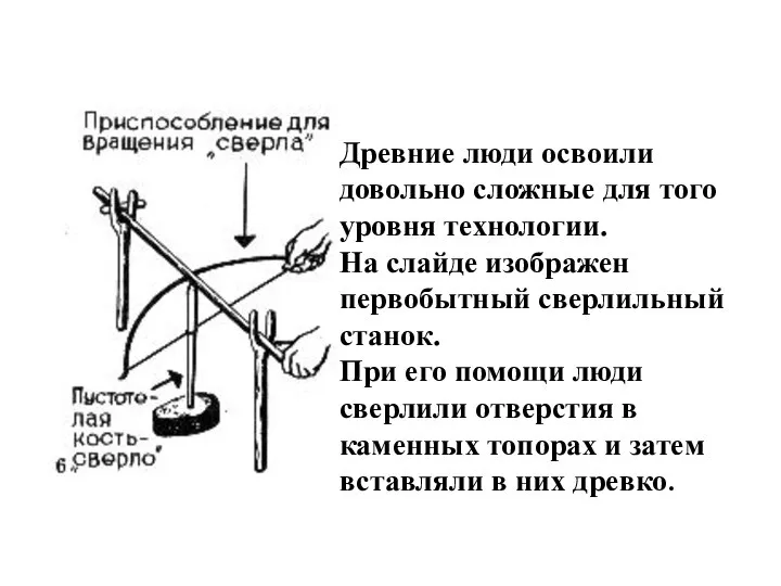 Древние люди освоили довольно сложные для того уровня технологии. На слайде