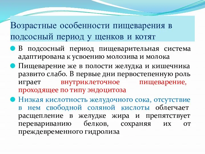 Возрастные особенности пищеварения в подсосный период у щенков и котят В