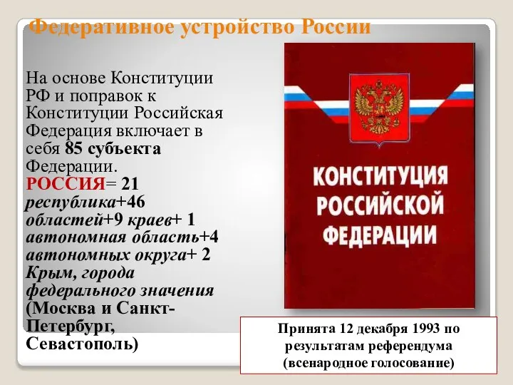 Федеративное устройство России На основе Конституции РФ и поправок к Конституции