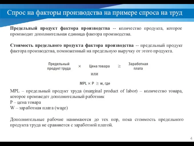 Спрос на факторы производства на примере спроса на труд Предельный продукт