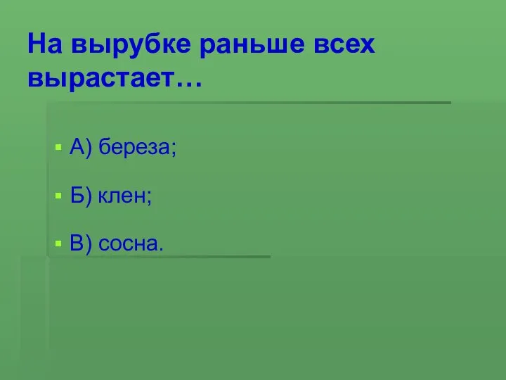 На вырубке раньше всех вырастает… А) береза; Б) клен; В) сосна.