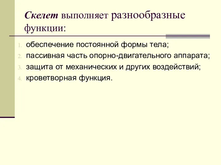 Скелет выполняет разнообразные функции: обеспечение постоянной формы тела; пассивная часть опорно-двигательного