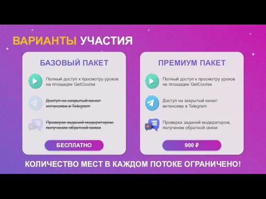 ВАРИАНТЫ УЧАСТИЯ КОЛИЧЕСТВО МЕСТ В КАЖДОМ ПОТОКЕ ОГРАНИЧЕНО!