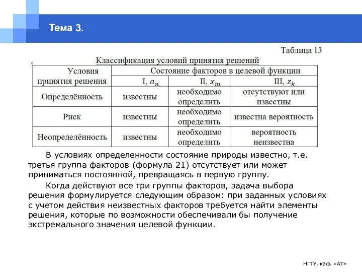 НГТУ, каф. «АТ» Тема 3. В условиях определенности состояние природы известно,