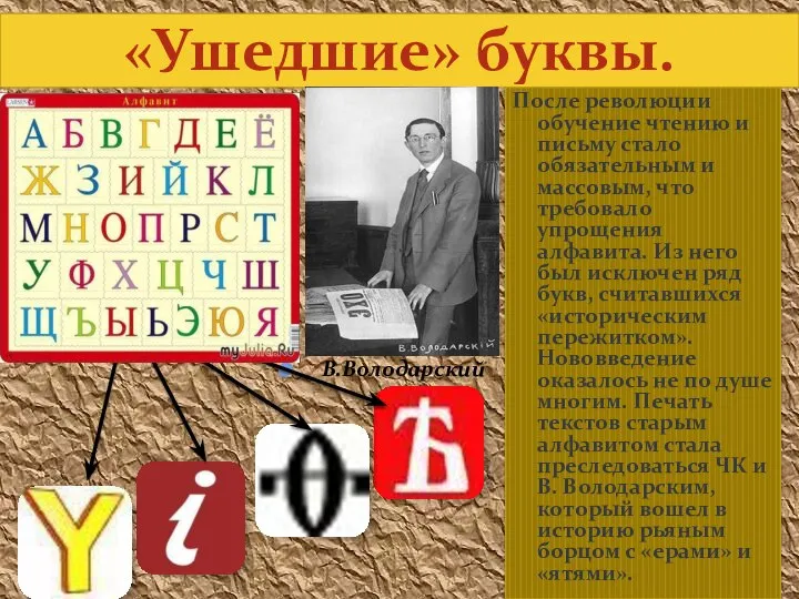 «Ушедшие» буквы. В.Володарский После революции обучение чтению и письму стало обязательным