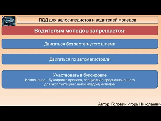 Автор: Головин Игорь Николаевич ПДД для велосипедистов и водителей мопедов Водителям