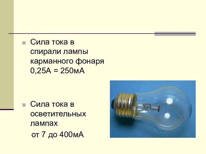 Сила тока в спирали лампы карманного фонаря 0,25А = 250мА Сила