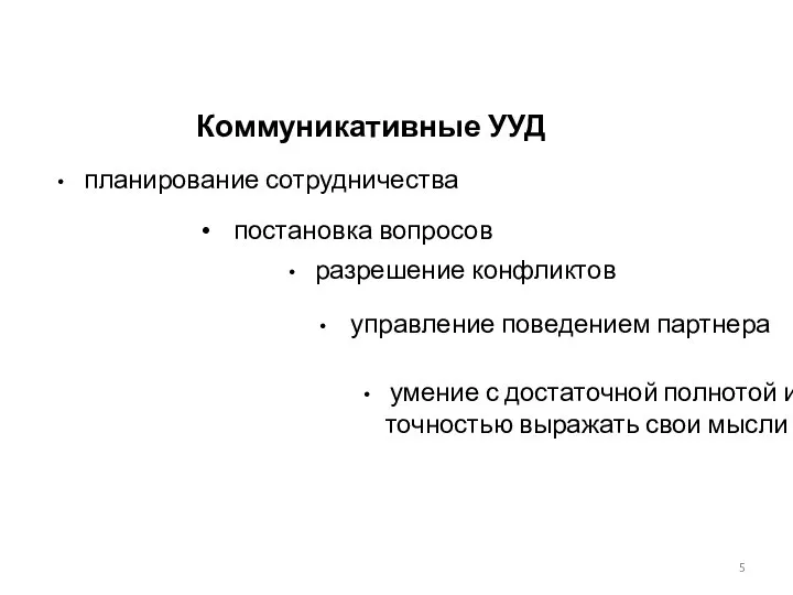 Коммуникативные УУД планирование сотрудничества постановка вопросов разрешение конфликтов управление поведением партнера