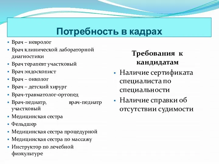 Потребность в кадрах Врач – невролог Врач клинической лабораторной диагностики Врач