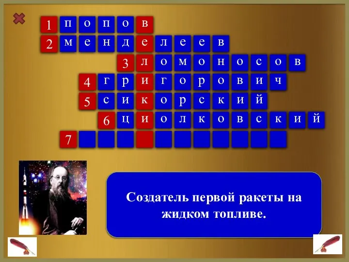 1 Создатель первой ракеты на жидком топливе. 2 3 6 4 7 5